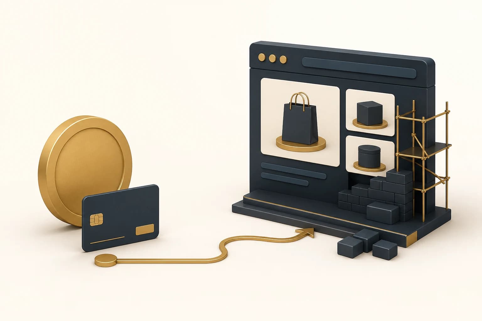 A gold deposit token and payment card beginning the construction of a custom online storefront