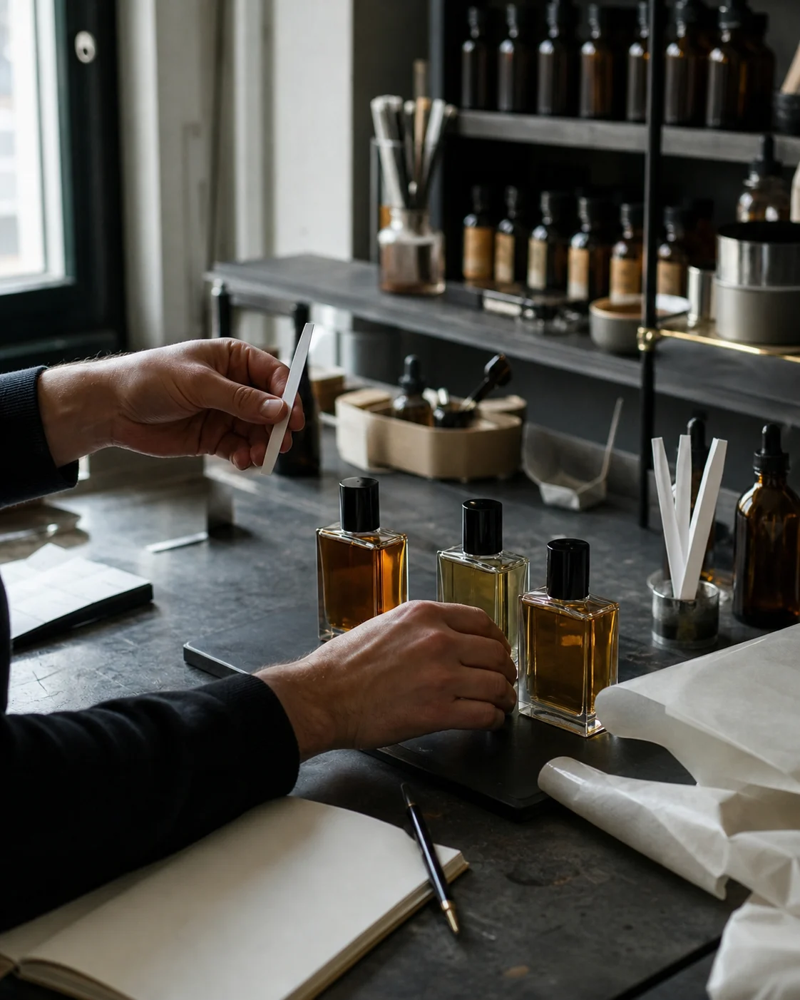 A fragrance maker evaluating amber perfume samples at a studio workbench